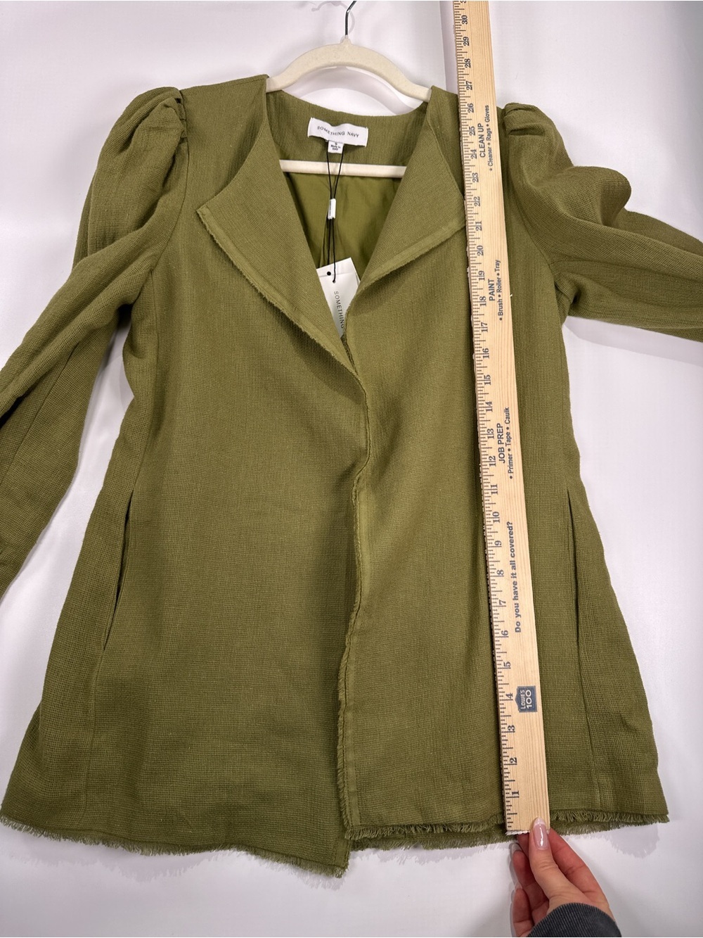 Something Navy Puff Shoulder Blazer Raw Hem Linen Cotton Blend Green Small - Picture 13 of 14